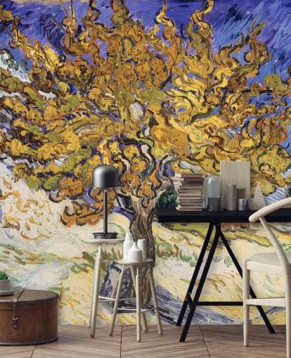 mural de papel de parede de belas artes azul e amarelo chamado Mulberry Tree de Vincent van Gogh mural de papel de parede de belas artes azul e amarelo chamado Mulberry Tree de Vincent van Gogh