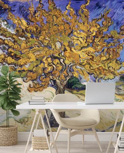 blue and yellow fine art wallpaper mural called Mulberry Tree by Vincent van Gogh blue and yellow fine art wallpaper mural called Mulberry Tree by Vincent van Gogh
