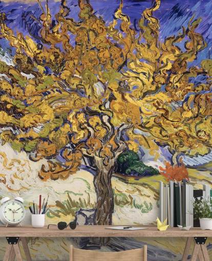 blauwe en gele kunstbehangmuurschildering genaamd Mulberry Tree van Vincent van Gogh