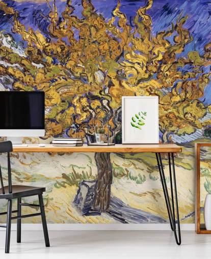 mural de papel pintado de bellas artes azul y amarillo llamado Mulberry Tree de Vincent van Gogh