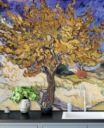 blauwe en gele kunstbehangmuurschildering genaamd Mulberry Tree van Vincent van Gogh