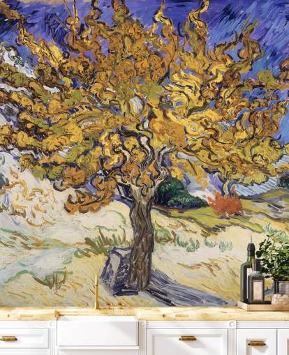 blått og gult kunsttapet veggmaleri kalt Mulberry Tree av Vincent van Gogh blått og gult kunsttapet veggmaleri kalt Mulberry Tree av Vincent van Gogh