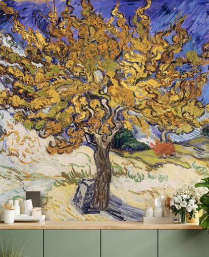 blue and yellow fine art wallpaper mural called Mulberry Tree by Vincent van Gogh