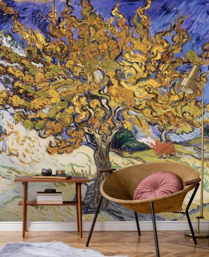 blue and yellow fine art wallpaper mural called Mulberry Tree by Vincent van Gogh