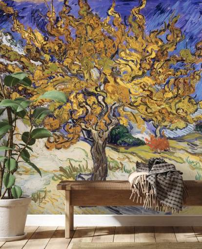 blue and yellow fine art wallpaper mural called Mulberry Tree by Vincent van Gogh blue and yellow fine art wallpaper mural called Mulberry Tree by Vincent van Gogh
