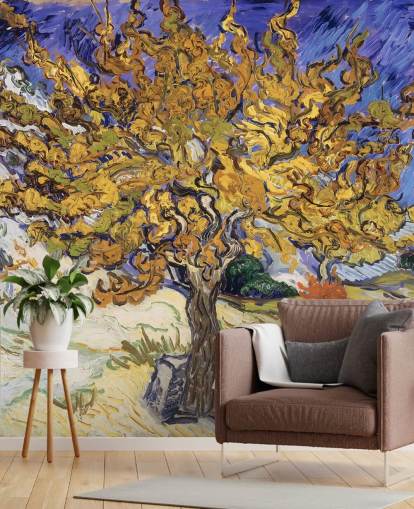 blue and yellow fine art wallpaper mural called Mulberry Tree by Vincent van Gogh blue and yellow fine art wallpaper mural called Mulberry Tree by Vincent van Gogh