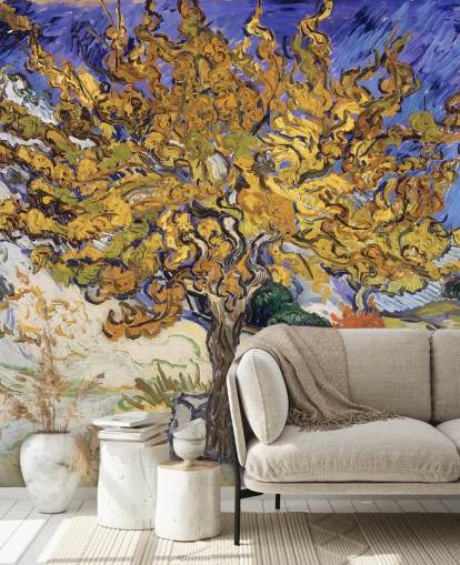 blauwe en gele kunstbehangmuurschildering genaamd Mulberry Tree van Vincent van Gogh blauwe en gele kunstbehangmuurschildering genaamd Mulberry Tree van Vincent van Gogh