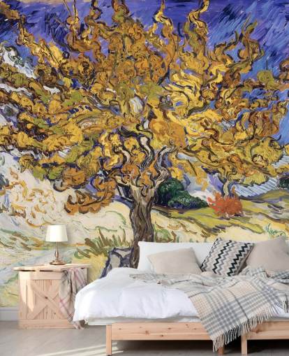blå og gul kunsttapet vægmaleri kaldet Mulberry Tree af Vincent van Gogh