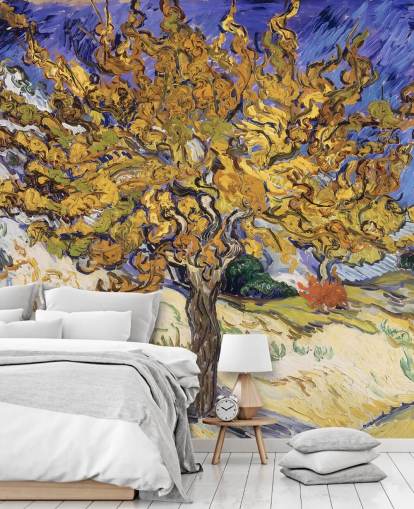 blue and yellow fine art wallpaper mural called Mulberry Tree by Vincent van Gogh