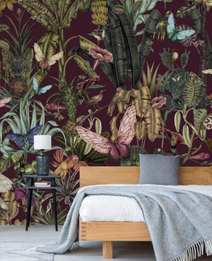 Karina Eibatovan värikäs viidakkoeläinten taustakuvamaalaus nimeltä Butterfly Paradise makuuhuoneisiin ja käytäviin Karina Eibatovan värikäs viidakkoeläinten taustakuvamaalaus nimeltä Butterfly Paradise makuuhuoneisiin ja käytäviin