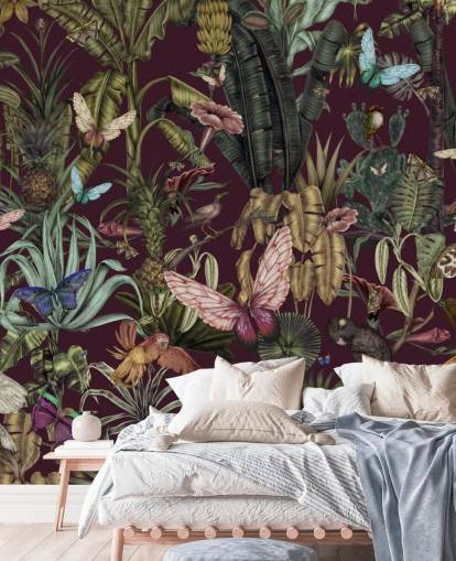 Buntes Wandbild mit Dschungel-Tiermotiv namens Butterfly Paradise von Karina Eibatova für Schlafzimmer und Flure
