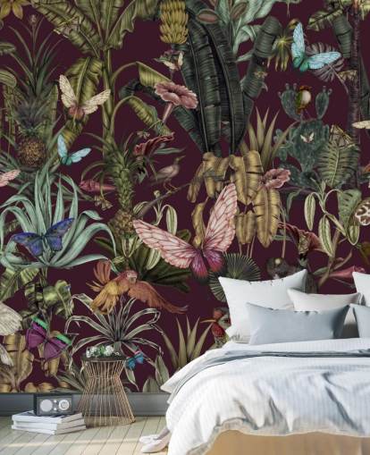 colourful jungle animal wallpaper mural called Butterfly Paradise by Karina Eibatova for bedrooms and hallways