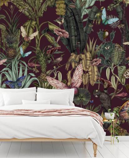 kleurrijke behangmuurschildering met jungledieren genaamd Butterfly Paradise van Karina Eibatova voor slaapkamers en gangen