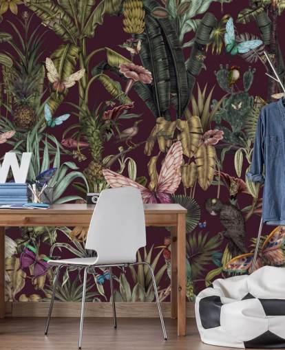 colorful jungle animal wallpaper mural called Butterfly Paradise by Karina Eibatova for bedrooms and hallways