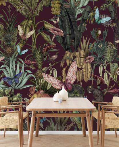 kleurrijke behangmuurschildering met jungledieren genaamd Butterfly Paradise van Karina Eibatova voor slaapkamers en gangen kleurrijke behangmuurschildering met jungledieren genaamd Butterfly Paradise van Karina Eibatova voor slaapkamers en gangen