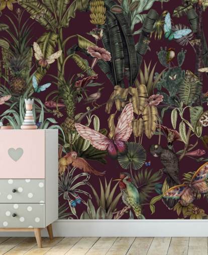 farverigt jungledyr tapetmaleri kaldet Butterfly Paradise af Karina Eibatova til soveværelser og gange