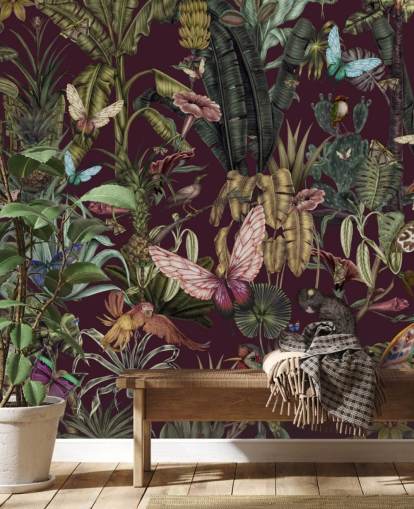 Buntes Wandbild mit Dschungel-Tiermotiv namens Butterfly Paradise von Karina Eibatova für Schlafzimmer und Flure