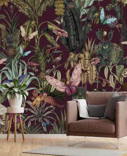 carta da parati murale colorata con animali della giungla chiamata Butterfly Paradise di Karina Eibatova per camere da letto e corridoi carta da parati murale colorata con animali della giungla chiamata Butterfly Paradise di Karina Eibatova per camere da letto e corridoi