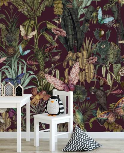 kleurrijke behangmuurschildering met jungledieren genaamd Butterfly Paradise van Karina Eibatova voor slaapkamers en gangen kleurrijke behangmuurschildering met jungledieren genaamd Butterfly Paradise van Karina Eibatova voor slaapkamers en gangen