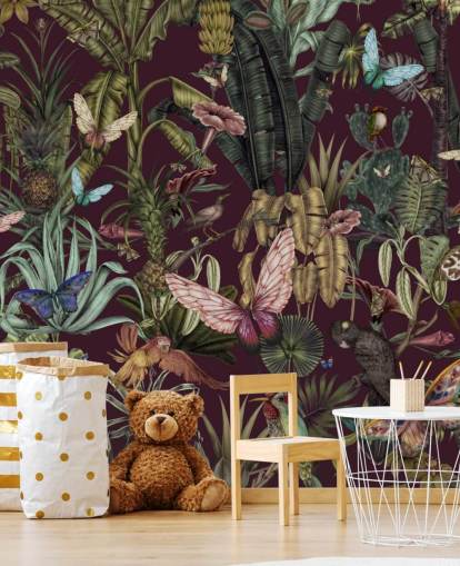 Buntes Wandbild mit Dschungel-Tiermotiv namens Butterfly Paradise von Karina Eibatova für Schlafzimmer und Flure