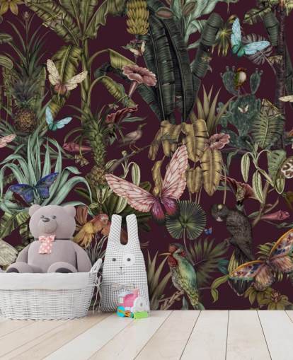 colourful jungle animal wallpaper mural called Butterfly Paradise by Karina Eibatova for bedrooms and hallways