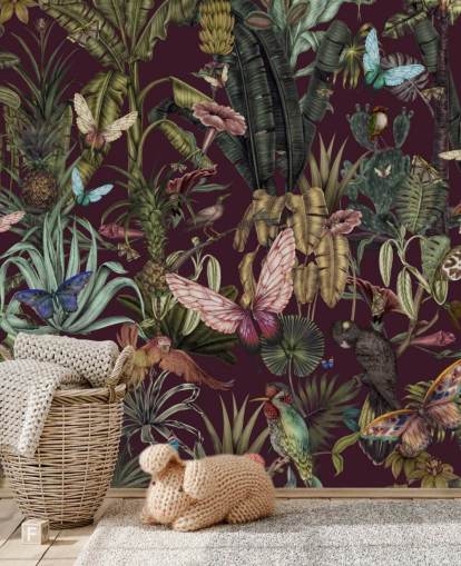 colourful jungle animal wallpaper mural called Butterfly Paradise by Karina Eibatova for bedrooms and hallways colourful jungle animal wallpaper mural called Butterfly Paradise by Karina Eibatova for bedrooms and hallways