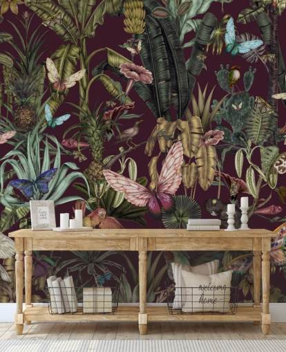 kleurrijke behangmuurschildering met jungledieren genaamd Butterfly Paradise van Karina Eibatova voor slaapkamers en gangen