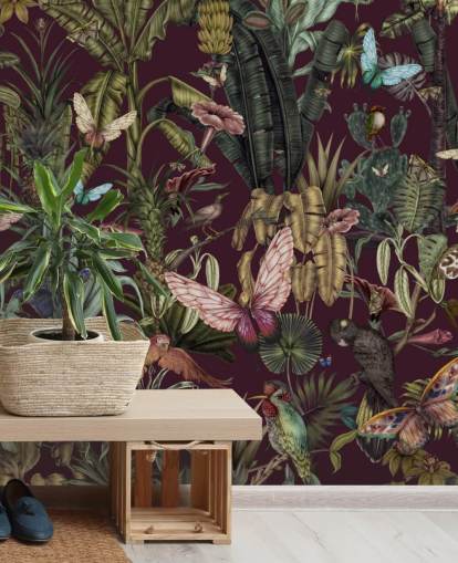 colorido mural de papel pintado de animales de la jungla llamado Butterfly Paradise de Karina Eibatova para dormitorios y pasillos