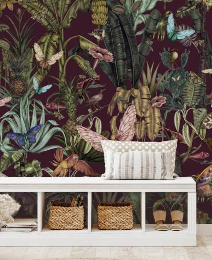 colourful jungle animal wallpaper mural called Butterfly Paradise by Karina Eibatova for bedrooms and hallways