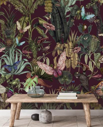 carta da parati murale colorata con animali della giungla chiamata Butterfly Paradise di Karina Eibatova per camere da letto e corridoi