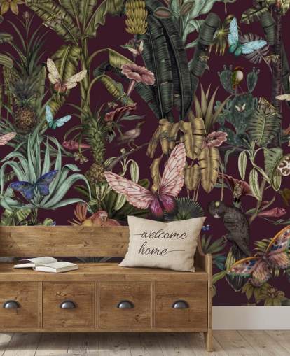 Buntes Wandbild mit Dschungel-Tiermotiv namens Butterfly Paradise von Karina Eibatova für Schlafzimmer und Flure