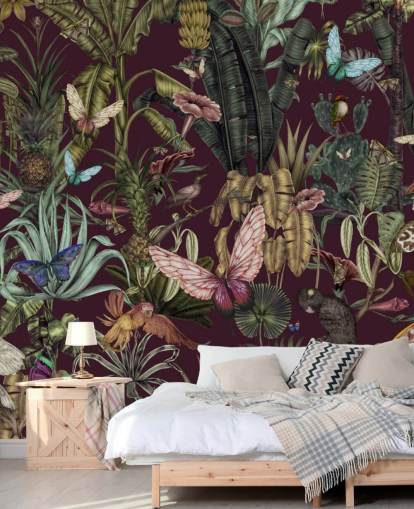 carta da parati murale colorata con animali della giungla chiamata Butterfly Paradise di Karina Eibatova per camere da letto e corridoi