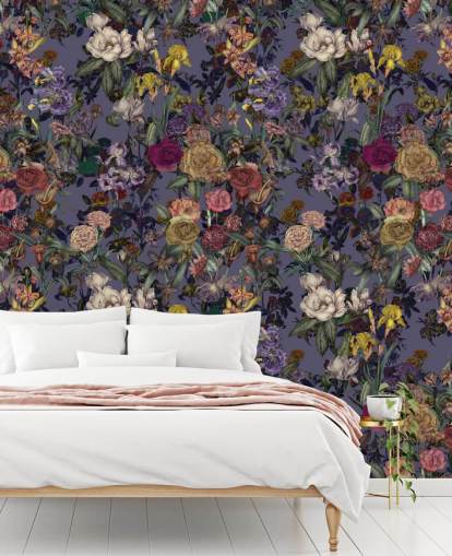 colourful floral pattern wall mural called Flower Garden Extra Purple by Karina Eibatova