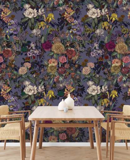 mural de pared con estampado floral colorido llamado Flower Garden Extra Purple de Karina Eibatova mural de pared con estampado floral colorido llamado Flower Garden Extra Purple de Karina Eibatova