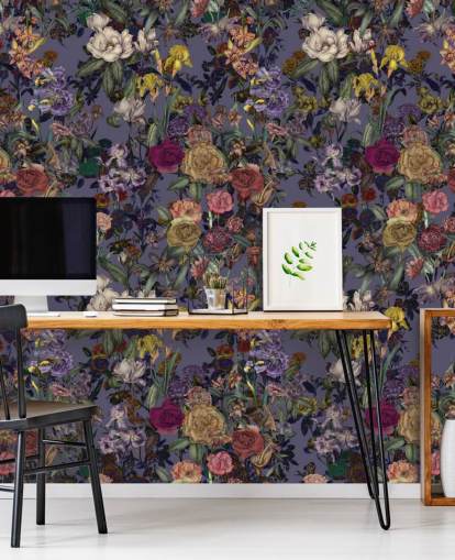 colourful floral pattern wall mural called Flower Garden Extra Purple by Karina Eibatova