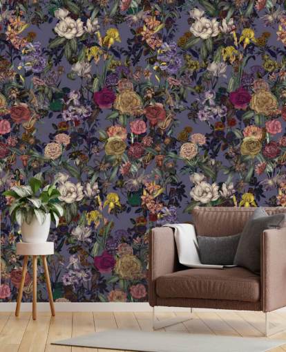 colorful floral pattern wall mural called Flower Garden Extra Purple by Karina Eibatova