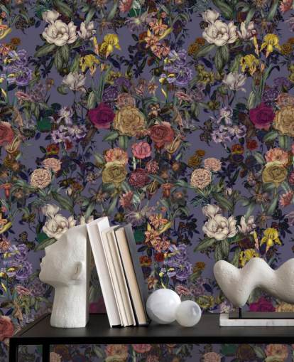 kleurrijke muurschildering met bloemenpatroon genaamd Flower Garden Extra Purple van Karina Eibatova kleurrijke muurschildering met bloemenpatroon genaamd Flower Garden Extra Purple van Karina Eibatova