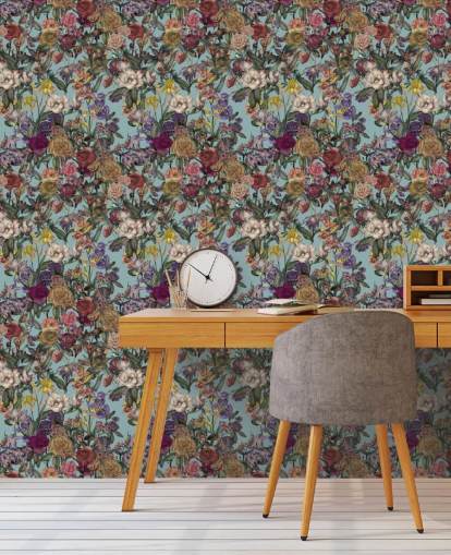 kleurrijke muurschildering met bloemenpatroon genaamd Flower Garden Extra van Karina Eibatova