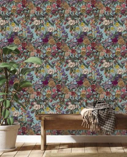kleurrijke muurschildering met bloemenpatroon genaamd Flower Garden Extra van Karina Eibatova