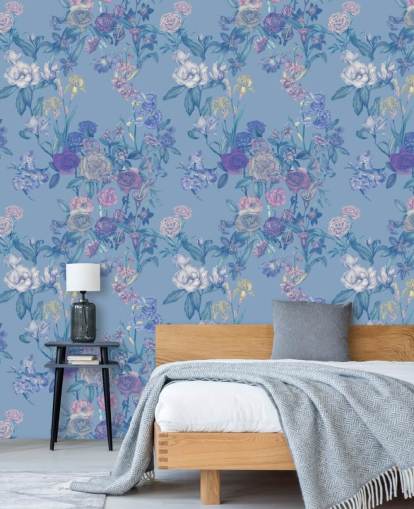 blaues personalisierbares Blumenwandbild namens Sky Blue Flower Garden von Karina Eibatova