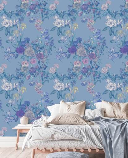 murale floreale blu personalizzabile chiamato Sky Blue Flower Garden di Karina Eibatova murale floreale blu personalizzabile chiamato Sky Blue Flower Garden di Karina Eibatova