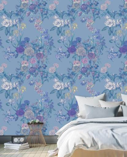 blå tilpasselig blomstervægmaleri kaldet Sky Blue Flower Garden af Karina Eibatova