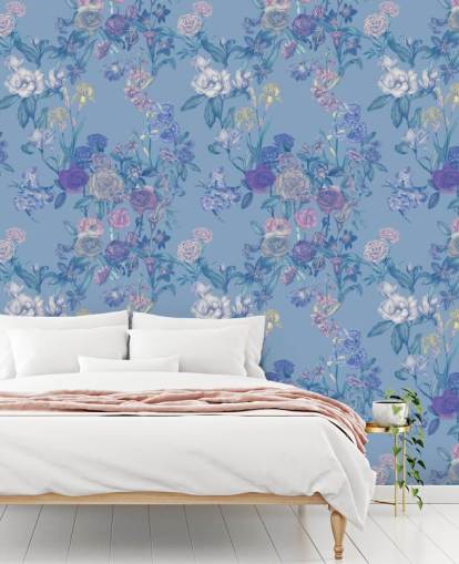 blue customisable floral wall mural called Sky Blue Flower Garden by Karina Eibatova