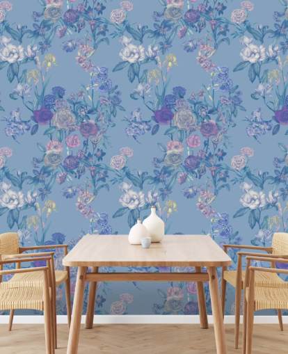blue customisable floral wall mural called Sky Blue Flower Garden by Karina Eibatova