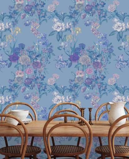 mural de pared floral personalizable azul llamado Sky Blue Flower Garden de Karina Eibatova