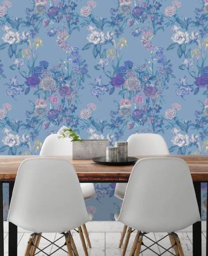 blauwe aanpasbare bloemenmuurschildering genaamd Sky Blue Flower Garden van Karina Eibatova blauwe aanpasbare bloemenmuurschildering genaamd Sky Blue Flower Garden van Karina Eibatova