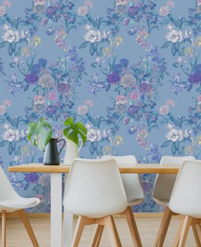 murale floreale blu personalizzabile chiamato Sky Blue Flower Garden di Karina Eibatova