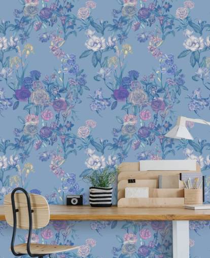 blå tilpasselig blomstervægmaleri kaldet Sky Blue Flower Garden af Karina Eibatova blå tilpasselig blomstervægmaleri kaldet Sky Blue Flower Garden af Karina Eibatova