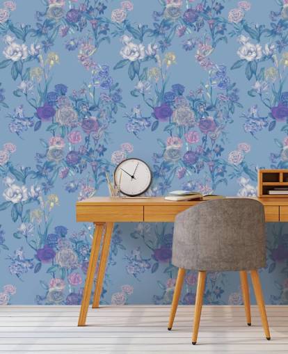 mural de pared floral personalizable azul llamado Sky Blue Flower Garden de Karina Eibatova mural de pared floral personalizable azul llamado Sky Blue Flower Garden de Karina Eibatova