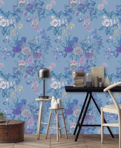 mural de pared floral personalizable azul llamado Sky Blue Flower Garden de Karina Eibatova